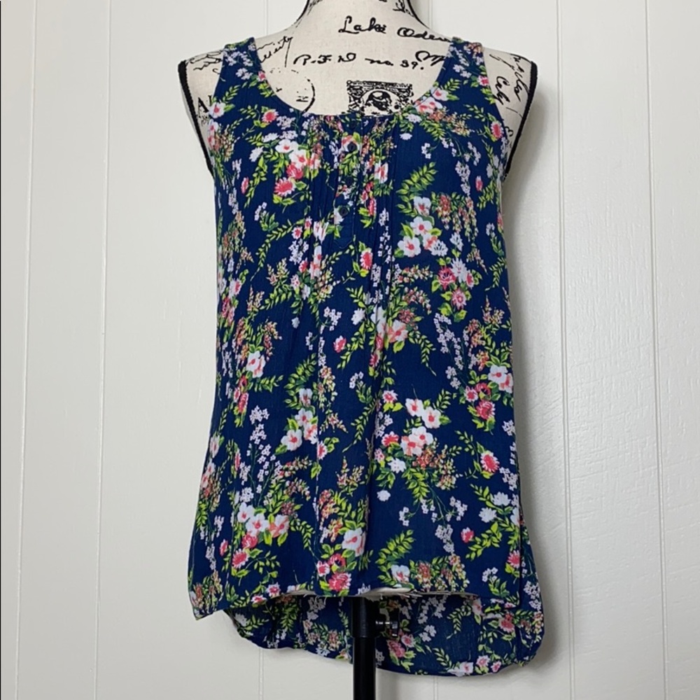 Navy Floral Button-Up Tank Top with Lace Back